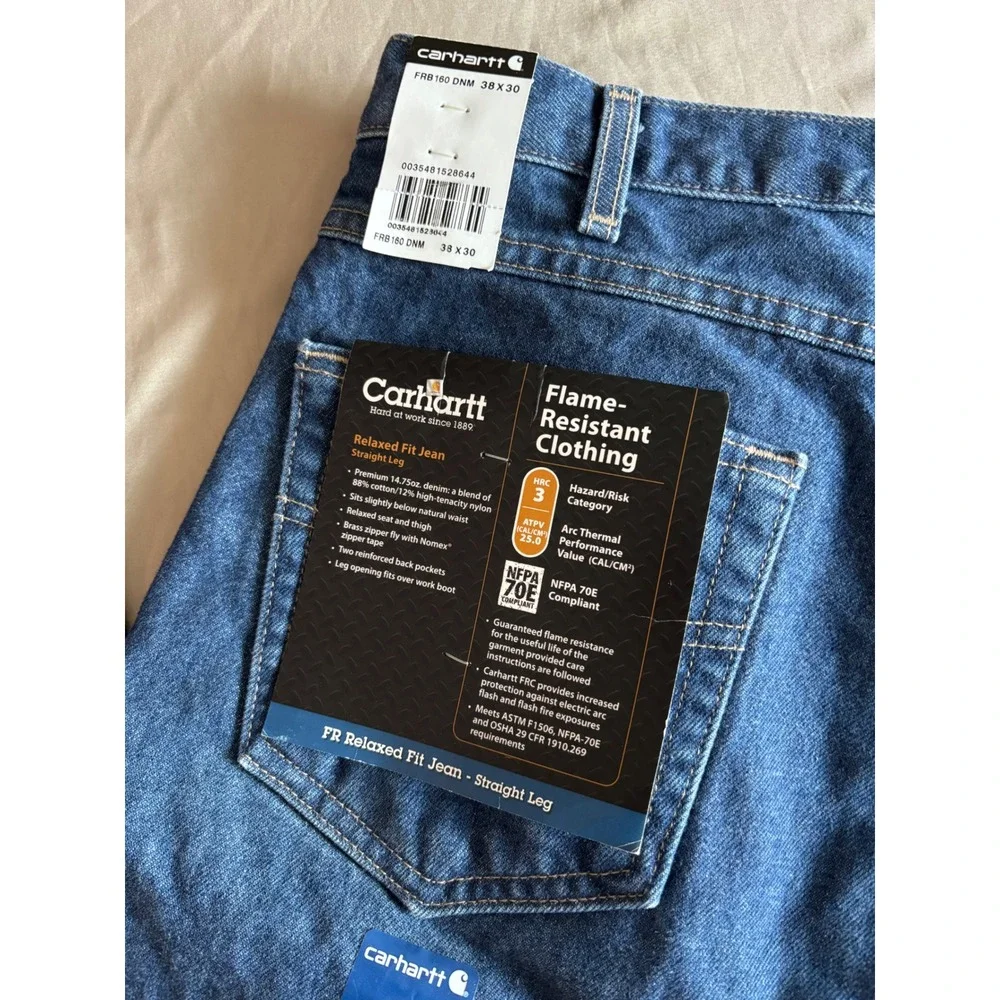 Carhartt FR Relaxed Fit Straight Leg Jeans Mens 38x30 Blue Denim FRB160 DNM HRC3